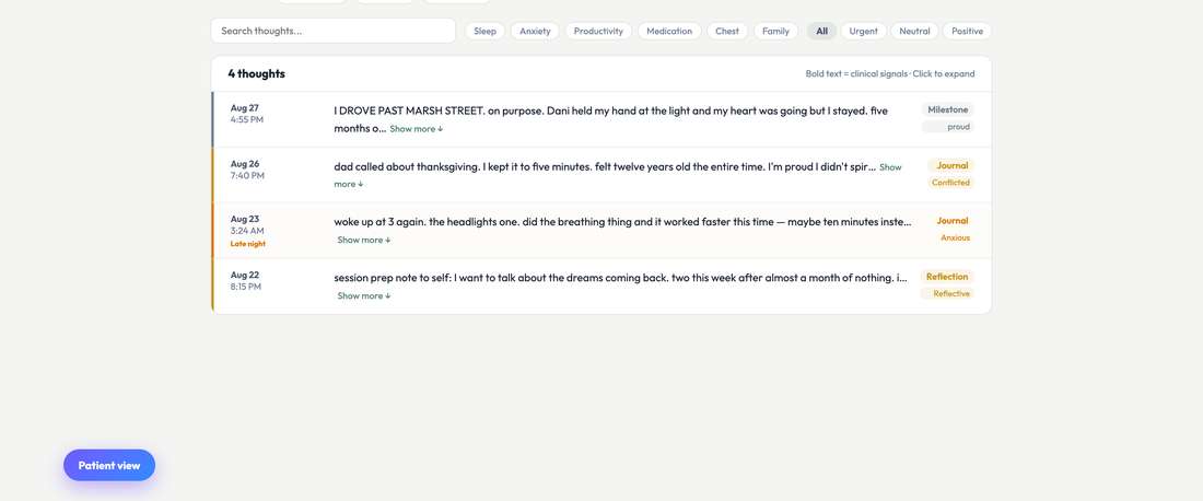 Client entries organized by theme